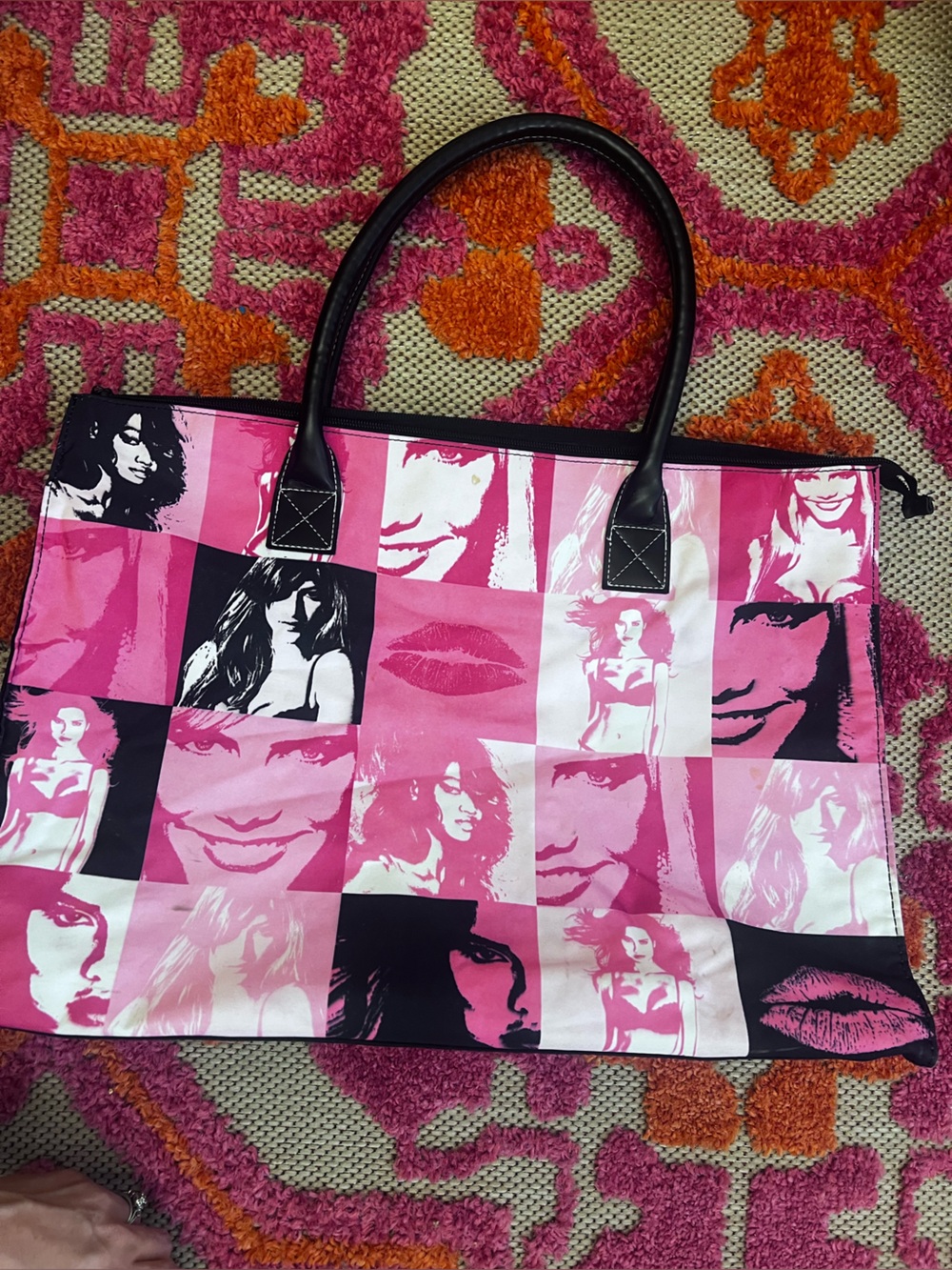 Y2K Victoria secret bag Pink Pop Art Tote Bag with Black & pink broken zipper